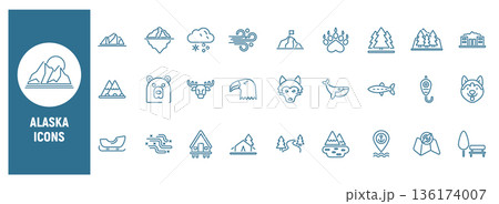 Alaska nature and wildlife line icon set 136174007
