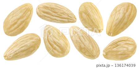 Peeled almond nuts isolated on white background, full depth of field, collection 136174039
