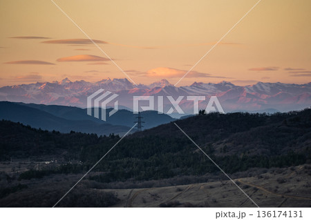 Viewpoint from Tbilisi hills valley with forest surrounded by main landmark of Georgia at sunset. 136174131