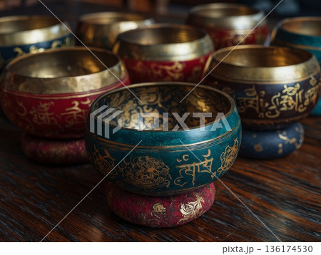 Several bowls with varied colors and designs arranged neatly on a wooden table. The scene captures a moment of stillness in a cozy setting 136174530