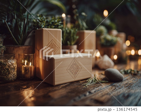 Yoga blocks with a logo are arranged on a wooden surface surrounded by plants and candles, showing a space for yoga practice and relaxation during the day Yoga blocks with a logo are arranged on a wooden surface surrounded by plants and candles, showing a space for yoga practice and relaxation during the day 136174545