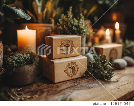 Yoga blocks with engraved logos sit on a wooden surface surrounded by plants and candles. The setting is designed for yoga practice during evening hours Yoga blocks with engraved logos sit on a wooden surface surrounded by plants and candles. The setting is designed for yoga practice during evening hours 136174547