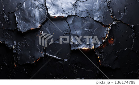黒くひび割れた地表と赤く滲む光 ／ 地熱や火山活動を想起させるダークな背景素材 136174789