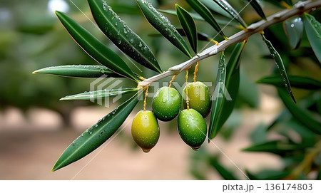 Green olives ripening on olive tree branch with water drops, copy space 136174803