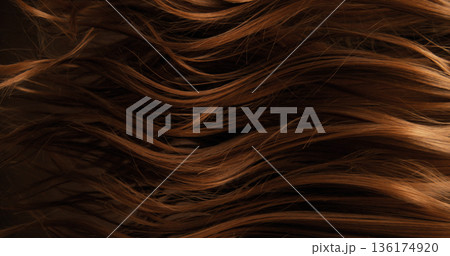 Close-up abstract texture of flowing brown hair forming elegant natural waves and curves. Organic motion, soft light and rich tones create a cinematic beauty background or luxury visual element. Close-up abstract texture of flowing brown hair forming elegant natural waves and curves. Organic motion, soft light and rich tones create a cinematic beauty background or luxury visual element. 136174920