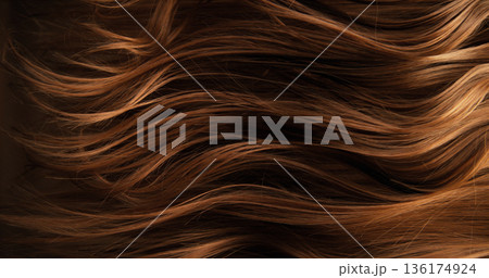 Close-up abstract texture of flowing brown hair forming elegant natural waves and curves. Organic motion, soft light and rich tones create a cinematic beauty background or luxury visual element. Close-up abstract texture of flowing brown hair forming elegant natural waves and curves. Organic motion, soft light and rich tones create a cinematic beauty background or luxury visual element. 136174924