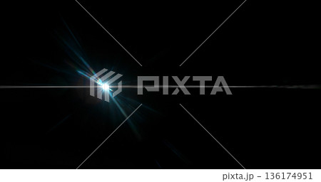 Abstract cinematic lens flare with bright light burst and star rays, isolated on black background. Optical light effect ideal for VFX overlays, transitions, titles and dramatic visual accents. 136174951