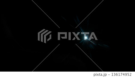Abstract cinematic lens flare with bright light burst and star rays, isolated on black background. Optical light effect ideal for VFX overlays, transitions, titles and dramatic visual accents. 136174952