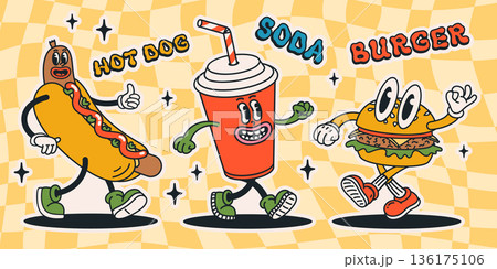 Food character sticker set with groovy cartoon hot dog, soda cup and burger in retro style on yellow checkered background. Food vector character illustration. Perfect for stickers, posters, branding 136175106