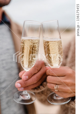 Couple Toasting Champagne Glasses Beach Couple Toasting Champagne Glasses Beach 136175455