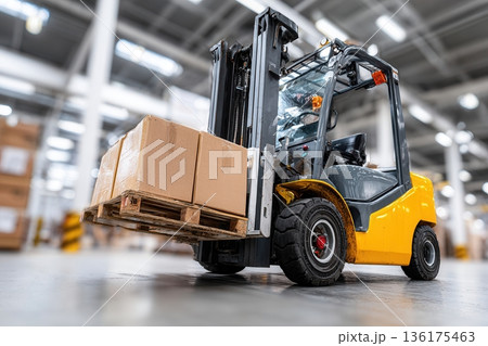Forklift transporting palletized boxes in warehouse 136175463