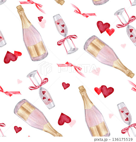 Seamless pattern with hand drawn watercolor rose champagne, flute glasses, red bow ribbons and hearts. Elegant romantic background for fabric and gifts. Seamless pattern with hand drawn watercolor rose champagne, flute glasses, red bow ribbons and hearts. Elegant romantic background for fabric and gifts. 136175519