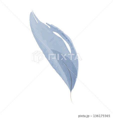 A single, elongated leaf rendered in a soft watercolor style. It features delicate shades of light blue with translucent brushstrokes and subtle vein details. 136175565