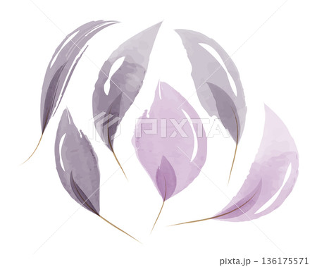 A collection of translucent watercolor leaves in soft purple and lavender hues. Delicate foliage elements float gracefully on a clean white background, creating a serene and ethereal design. A collection of translucent watercolor leaves in soft purple and lavender hues. Delicate foliage elements float gracefully on a clean white background, creating a serene and ethereal design. 136175571
