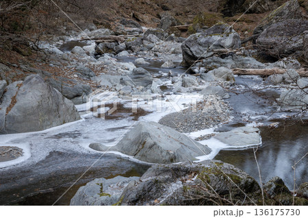 冬の秩父・荒川源流、凍てつく渓谷を流れる清流と巨岩の風景 136175730