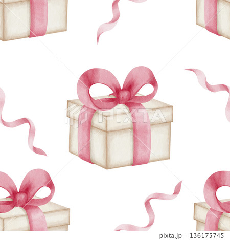 Seamless watercolor pattern with gift boxes, pink bows, ribbons on white background. Realistic illustrations for wrap, wallpaper, textiles, curtains, greeting cards, children's products, and holidays 136175745