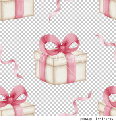 Seamless watercolor pattern with gift boxes, pink bows, ribbons on white background. Realistic illustrations for wrap, wallpaper, textiles, curtains, greeting cards, children's products, and holidays 136175745