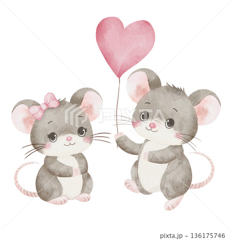 Watercolor illustration of pair of mice, one with bow, the other holding pink heart-shaped balloon, isolated on white background. For Valentine's Day cards and children's cards, baby shower 136175746