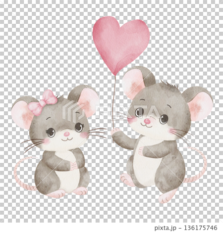 Watercolor illustration of pair of mice, one with bow, the other holding pink heart-shaped balloon, isolated on white background. For Valentine's Day cards and children's cards, baby shower 136175746