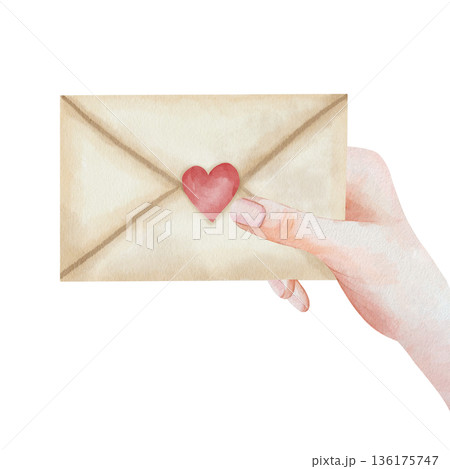 Realistic watercolor illustration of a woman's hand holding an envelope with a heart-shaped stamp, ideal for romantic postcards, stationery design, and sentimental mail 136175747