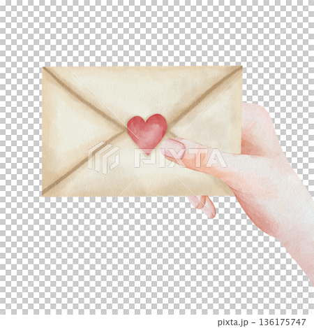 Realistic watercolor illustration of a woman's hand holding an envelope with a heart-shaped stamp, ideal for romantic postcards, stationery design, and sentimental mail 136175747