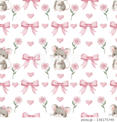 Seamless watercolor pattern with cute mice, pink bows, hearts, and delicate flowers, white background, ideal decor for children's nursery wallpaper and romantic gift wrap 136175749