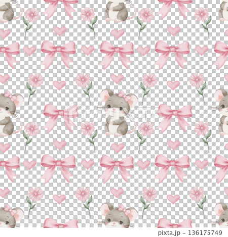 Seamless watercolor pattern with cute mice, pink bows, hearts, and delicate flowers, white background, ideal decor for children's nursery wallpaper and romantic gift wrap 136175749