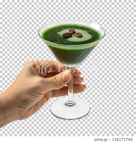 Hand holding elegant, vibrant green cocktail garnished with coffee beans, perfect for sophisticated nightlife, unique mixology, and modern bars Hand holding elegant, vibrant green cocktail garnished with coffee beans, perfect for sophisticated nightlife, unique mixology, and modern bars 136175784