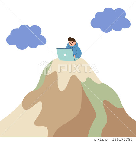 Vector illustration of a digital nomad working on a laptop from a mountain peak, representing remote work, freedom, and adventure travel Vector illustration of a digital nomad working on a laptop from a mountain peak, representing remote work, freedom, and adventure travel 136175789