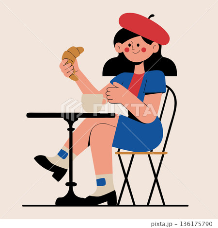 Cheerful cartoon girl in a stylish beret happily enjoying a croissant and a cup of coffee, perfect for cafe culture, parisian themes, or breakfast 136175790