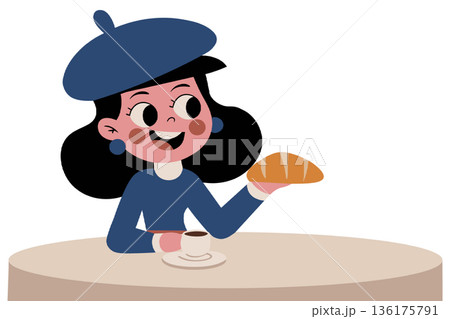 Joyful girl with a beret, smiling as she holds a croissant and a coffee cup. Ideal for bakery or coffee shop branding 136175791