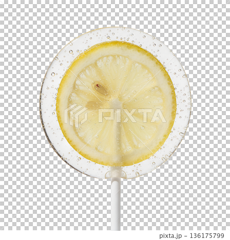 Refreshing, translucent lollipop with a real lemon slice inside, isolated on a stick. Sweet-and-sour summer treat or unique candy concept 136175799
