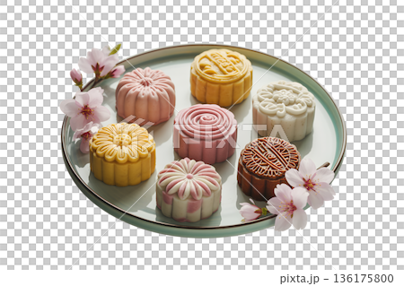 Assorted traditional mooncakes and cherry blossom flowers arranged on a ceramic plate, representing the mid-autumn festival and asian culture 136175800