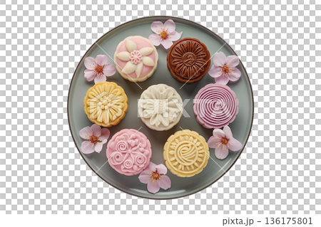 Various mooncakes with floral sakura decorations, perfect for lunar festival themes, gift boxes, and food photography Various mooncakes with floral sakura decorations, perfect for lunar festival themes, gift boxes, and food photography 136175801
