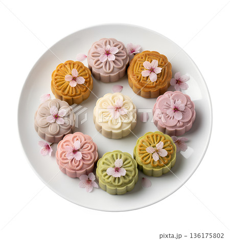 Isolated gourmet scene of baked mooncakes with pink cherry blossoms, ideal for seasonal promotions, cultural celebrations, and elegant desserts 136175802