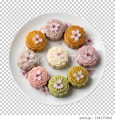 Isolated gourmet scene of baked mooncakes with pink cherry blossoms, ideal for seasonal promotions, cultural celebrations, and elegant desserts Isolated gourmet scene of baked mooncakes with pink cherry blossoms, ideal for seasonal promotions, cultural celebrations, and elegant desserts 136175802