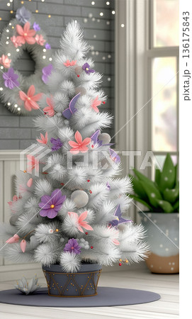 Christmas tree flower décor, charming Christmas décor with pink flowers and warm sunlight create a cozy atmosphere 136175843