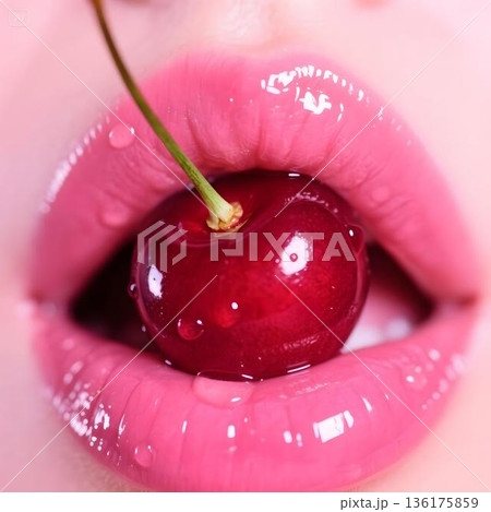 Glossy Pink Lips Holding Red Cherry Close Up Glossy Pink Lips Holding Red Cherry Close Up 136175859