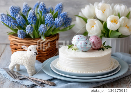 Easter cake with speckled eggs and arrangements Easter cake with speckled eggs and arrangements 136175915