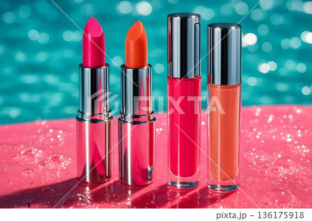 Colorful Lipsticks and Lip Gloss on Sparkling Background Colorful Lipsticks and Lip Gloss on Sparkling Background 136175918