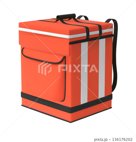 3D red courier delivery backpack, vector realistic thermal box container refrigerator for fresh food product shipping 3D red courier delivery backpack, vector realistic thermal box container refrigerator for fresh food product shipping 136176202