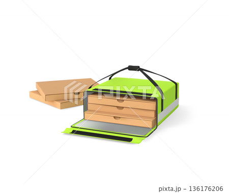 Pizza fast food takeaway packages in food delivery courier handle bag, vector 3D green takeaway thermal box container 136176206