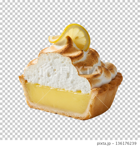 Classic homemade lemon meringue pie with toasted peaks, perfectly sliced and isolated on a white background for food blogs and menus Classic homemade lemon meringue pie with toasted peaks, perfectly sliced and isolated on a white background for food blogs and menus 136176239