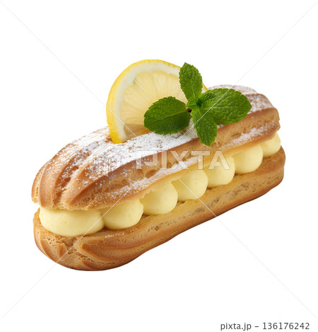 Delicious, elegant lemon eclair with yellow cream filling and lemon glaze, perfectly isolated on a white background for patisserie menus and food blogs Delicious, elegant lemon eclair with yellow cream filling and lemon glaze, perfectly isolated on a white background for patisserie menus and food blogs 136176242