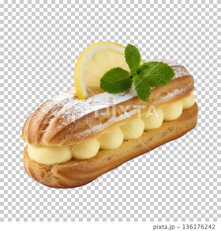 Delicious, elegant lemon eclair with yellow cream filling and lemon glaze, perfectly isolated on a white background for patisserie menus and food blogs 136176242