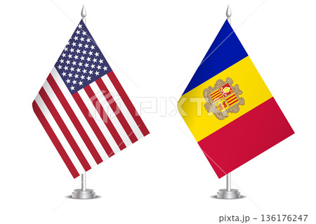 Flags of United States and Andorra. The concept of partnership and joint action. Symbol of partnership, cooperation, international collaboration, peaceful negotiations, alliance, bilateral 136176247