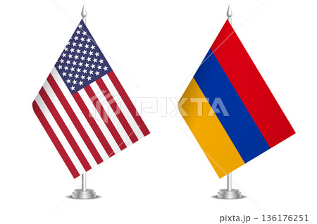 Flags of United States and Armenia. The concept of partnership and joint action. Symbol of partnership, cooperation, international collaboration, peaceful negotiations, alliance, bilateral 136176251