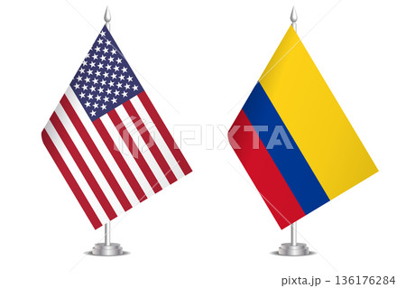 Flags of United States and Colombia. The concept of partnership and joint action. Symbol of partnership, cooperation, international collaboration, peaceful negotiations, alliance, bilateral 136176284