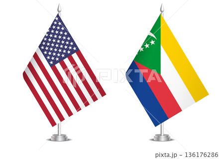 Flags of United States and Comoros. The concept of partnership and joint action. Symbol of partnership, cooperation, international collaboration, peaceful negotiations, alliance, bilateral 136176286
