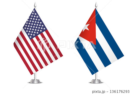 Flags of United States and Cuba. The concept of partnership and joint action. Symbol of partnership, cooperation, international collaboration, peaceful negotiations, alliance, bilateral communication 136176293